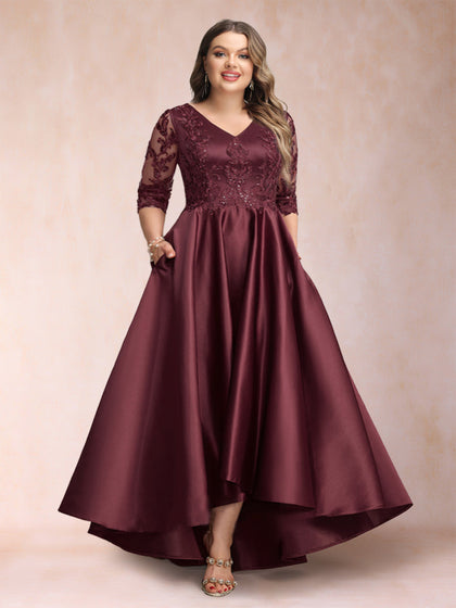 Robe de Mère de la Mariée Asymétrique Grande Taille, Coupe A-Line/Princesse, Col en V, Manches 3/4 avec Appliques