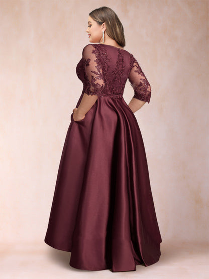 Robe de Mère de la Mariée Asymétrique Grande Taille, Coupe A-Line/Princesse, Col en V, Manches 3/4 avec Appliques