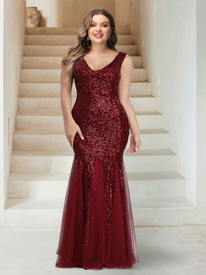 Robe de Demoiselled'Honneur Grande Taille, Scintillante, Style Sirène, Col en V, Sans Manches, Longueur au Sol