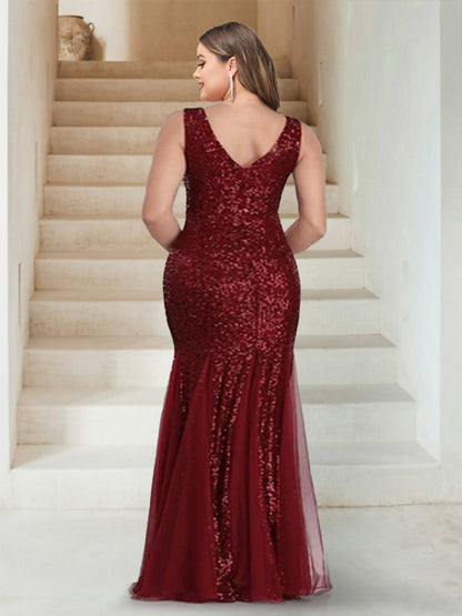 Robe de Demoiselled'Honneur Grande Taille, Scintillante, Style Sirène, Col en V, Sans Manches, Longueur au Sol