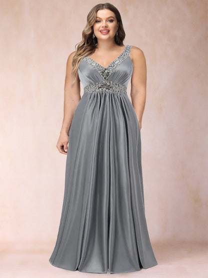 Robe de Soirée Grande Taille, Coupe Trapèze/Princesse, Col en V, Sans Manches, Froncée avec Strass Délicats