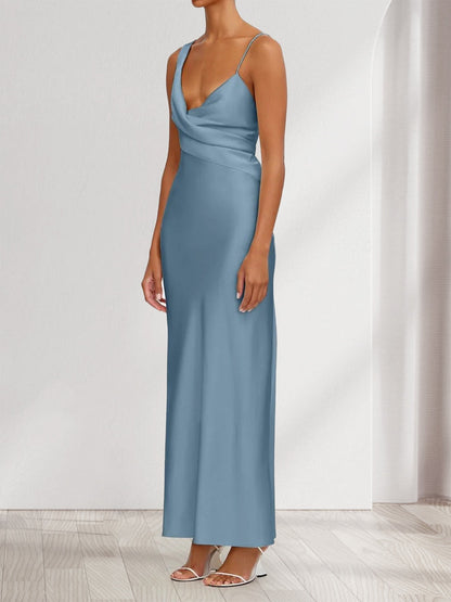 Robe de Soirée Fourreau/Colonne En Satin à Col En V Froncé et Longueur Cheville