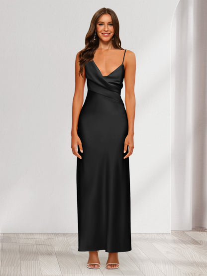 Robe de Soirée Fourreau/Colonne En Satin à Col En V Froncé et Longueur Cheville