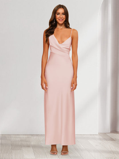 Robe de Soirée Fourreau/Colonne En Satin à Col En V Froncé et Longueur Cheville