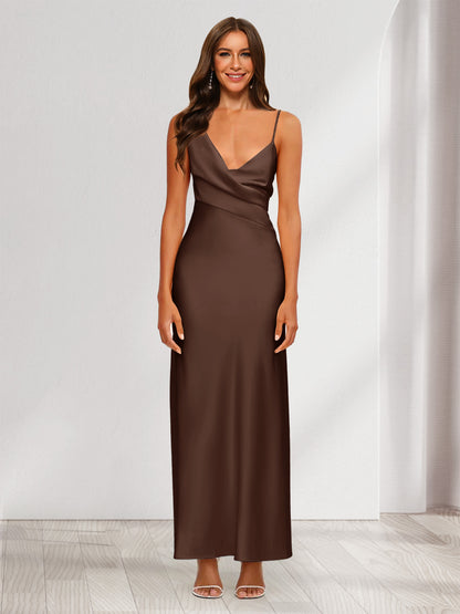 Robe de Soirée Fourreau/Colonne En Satin à Col En V Froncé et Longueur Cheville