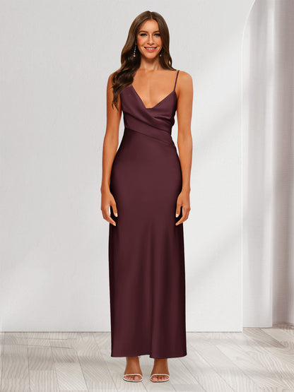 Robe de Soirée Fourreau/Colonne En Satin à Col En V Froncé et Longueur Cheville