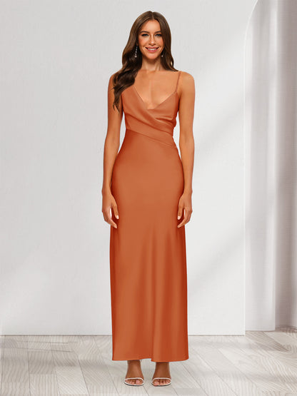 Robe de Soirée Fourreau/Colonne En Satin à Col En V Froncé et Longueur Cheville