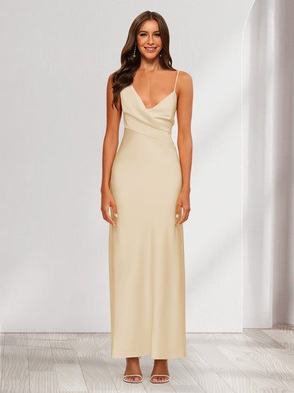 Robe de Soirée Fourreau/Colonne En Satin à Col En V Froncé et Longueur Cheville