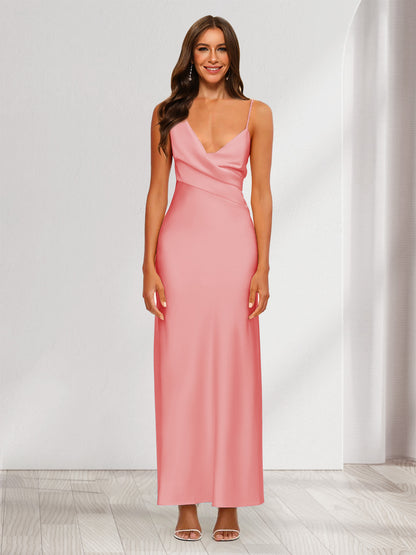 Robe de Soirée Fourreau/Colonne En Satin à Col En V Froncé et Longueur Cheville