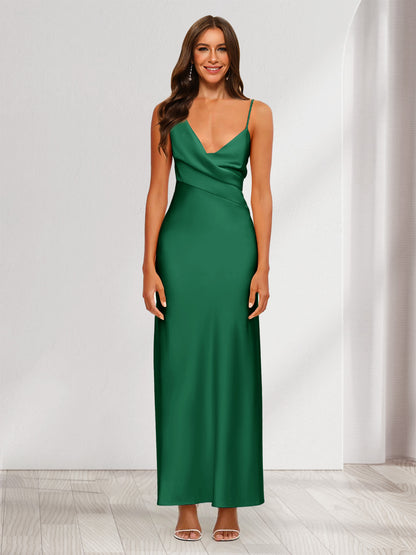 Robe de Soirée Fourreau/Colonne En Satin à Col En V Froncé et Longueur Cheville