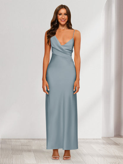 Robe de Soirée Fourreau/Colonne En Satin à Col En V Froncé et Longueur Cheville