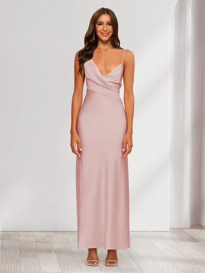 Robe de Soirée Fourreau/Colonne En Satin à Col En V Froncé et Longueur Cheville