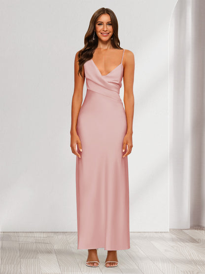 Robe de Soirée Fourreau/Colonne En Satin à Col En V Froncé et Longueur Cheville