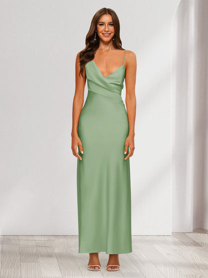 Robe de Soirée Fourreau/Colonne En Satin à Col En V Froncé et Longueur Cheville