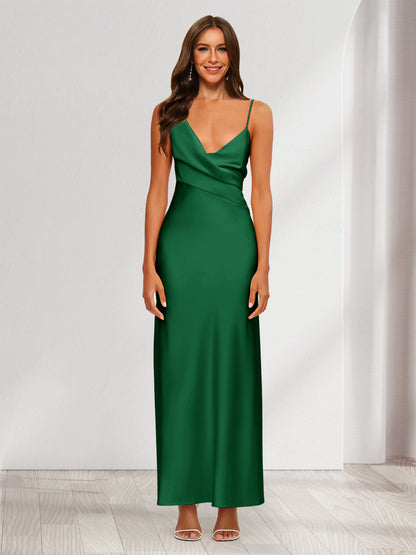 Robe de Soirée Fourreau/Colonne En Satin à Col En V Froncé et Longueur Cheville