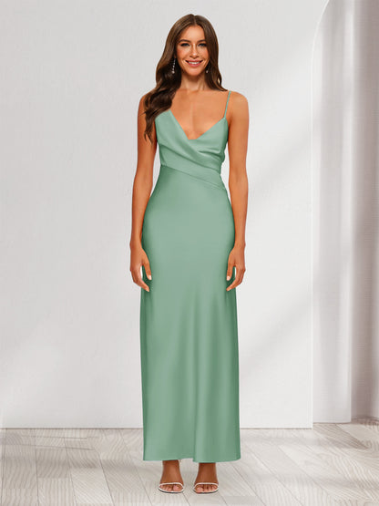 Robe de Soirée Fourreau/Colonne En Satin à Col En V Froncé et Longueur Cheville
