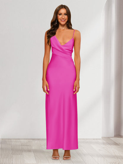 Robe de Soirée Fourreau/Colonne En Satin à Col En V Froncé et Longueur Cheville