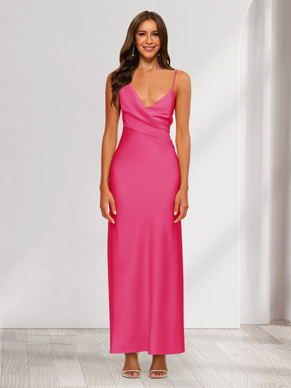 Robe de Soirée Fourreau/Colonne En Satin à Col En V Froncé et Longueur Cheville