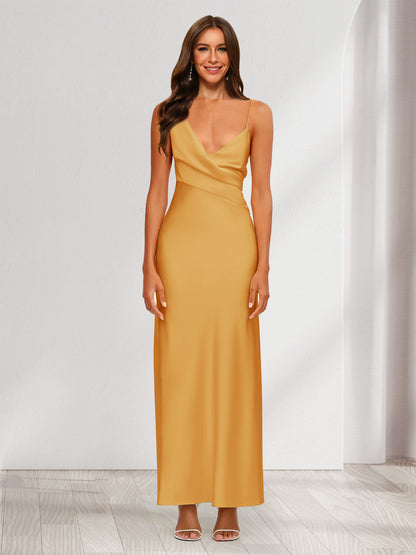 Robe de Soirée Fourreau/Colonne En Satin à Col En V Froncé et Longueur Cheville