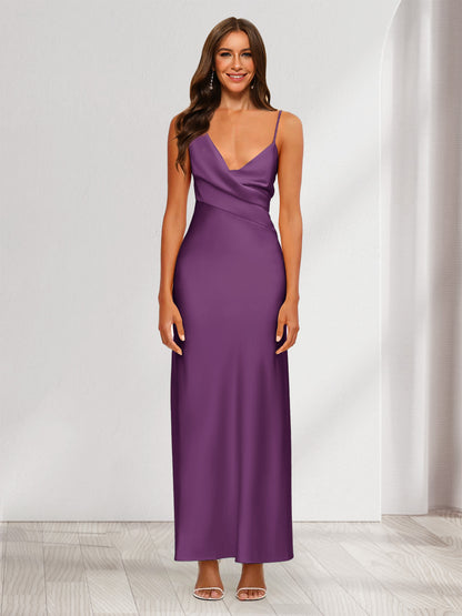 Robe de Soirée Fourreau/Colonne En Satin à Col En V Froncé et Longueur Cheville