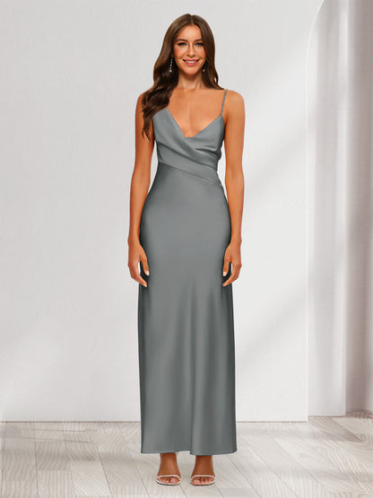 Robe de Soirée Fourreau/Colonne En Satin à Col En V Froncé et Longueur Cheville