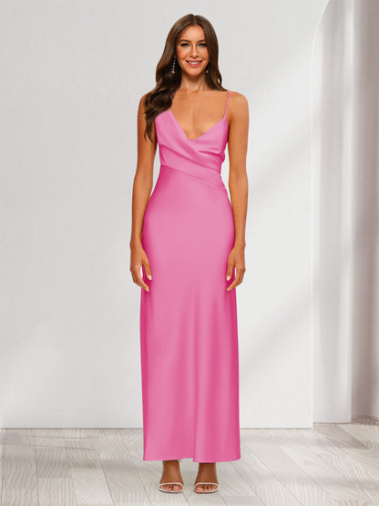 Robe de Soirée Fourreau/Colonne En Satin à Col En V Froncé et Longueur Cheville