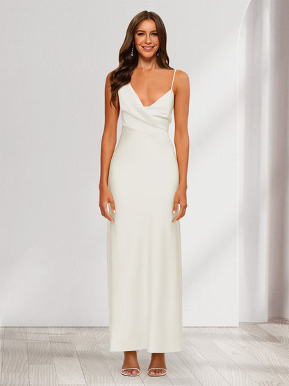 Robe de Soirée Fourreau/Colonne En Satin à Col En V Froncé et Longueur Cheville