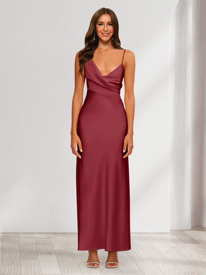 Robe de Soirée Fourreau/Colonne En Satin à Col En V Froncé et Longueur Cheville