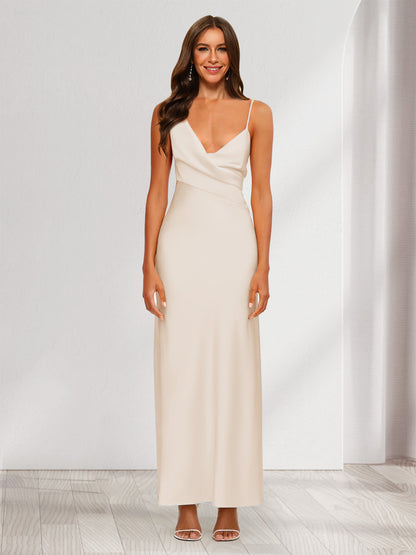 Robe de Soirée Fourreau/Colonne En Satin à Col En V Froncé et Longueur Cheville