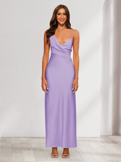 Robe de Soirée Fourreau/Colonne En Satin à Col En V Froncé et Longueur Cheville