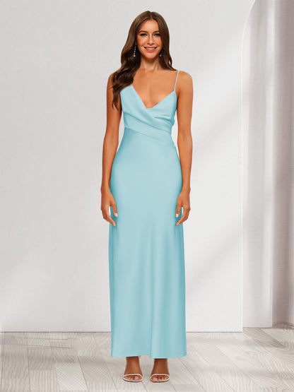 Robe de Soirée Fourreau/Colonne En Satin à Col En V Froncé et Longueur Cheville