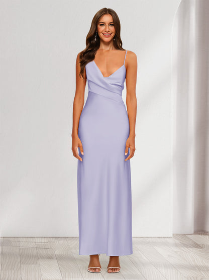 Robe de Soirée Fourreau/Colonne En Satin à Col En V Froncé et Longueur Cheville