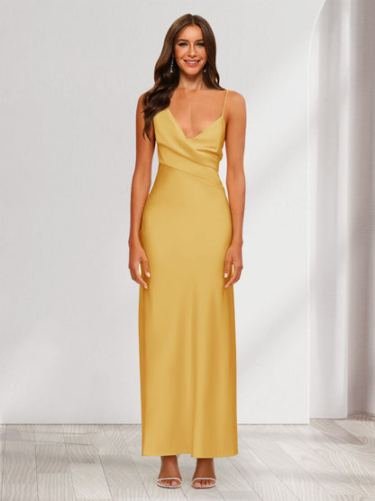 Robe de Soirée Fourreau/Colonne En Satin à Col En V Froncé et Longueur Cheville