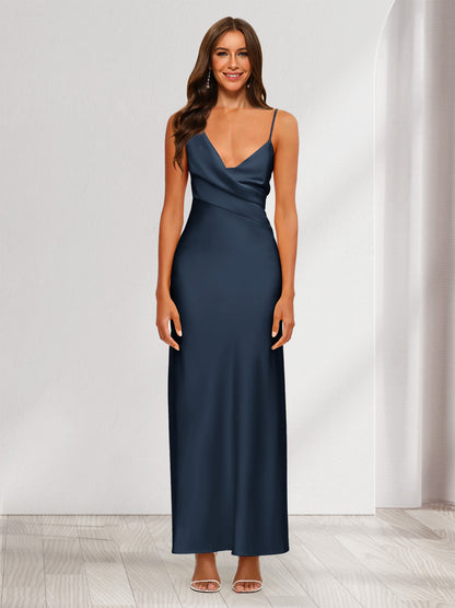 Robe de Soirée Fourreau/Colonne En Satin à Col En V Froncé et Longueur Cheville