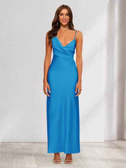 Robe de Soirée Fourreau/Colonne En Satin à Col En V Froncé et Longueur Cheville