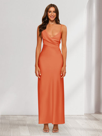 Robe de Soirée Fourreau/Colonne En Satin à Col En V Froncé et Longueur Cheville