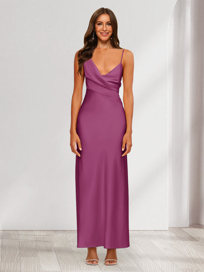 Robe de Soirée Fourreau/Colonne En Satin à Col En V Froncé et Longueur Cheville