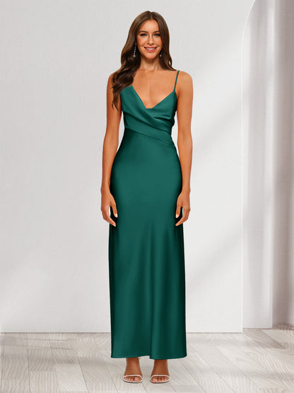 Robe de Soirée Fourreau/Colonne En Satin à Col En V Froncé et Longueur Cheville