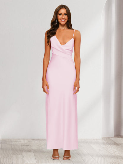 Robe de Soirée Fourreau/Colonne En Satin à Col En V Froncé et Longueur Cheville