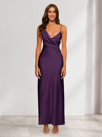 Robe de Soirée Fourreau/Colonne En Satin à Col En V Froncé et Longueur Cheville