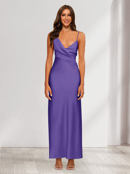 Robe de Soirée Fourreau/Colonne En Satin à Col En V Froncé et Longueur Cheville