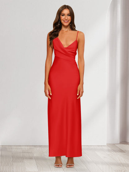 Robe de Soirée Fourreau/Colonne En Satin à Col En V Froncé et Longueur Cheville