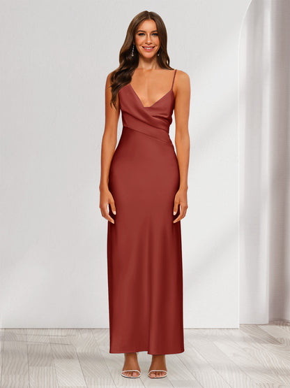 Robe de Soirée Fourreau/Colonne En Satin à Col En V Froncé et Longueur Cheville