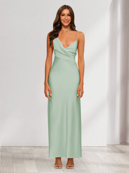Robe de Soirée Fourreau/Colonne En Satin à Col En V Froncé et Longueur Cheville