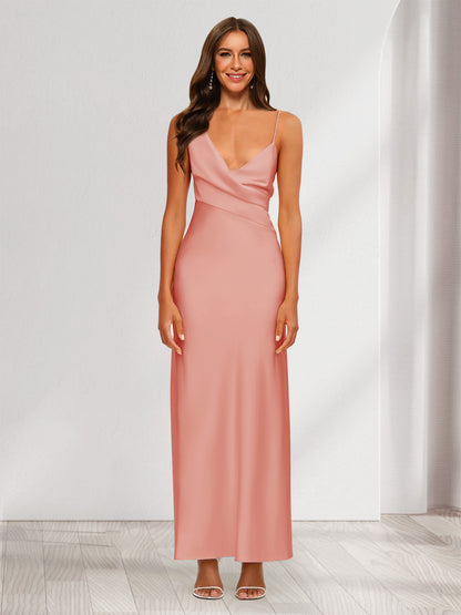 Robe de Soirée Fourreau/Colonne En Satin à Col En V Froncé et Longueur Cheville