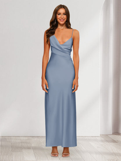Robe de Soirée Fourreau/Colonne En Satin à Col En V Froncé et Longueur Cheville