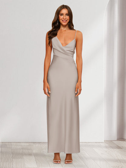 Robe de Soirée Fourreau/Colonne En Satin à Col En V Froncé et Longueur Cheville
