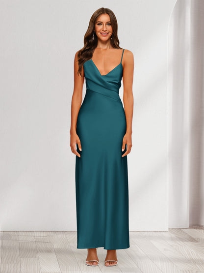 Robe de Soirée Fourreau/Colonne En Satin à Col En V Froncé et Longueur Cheville