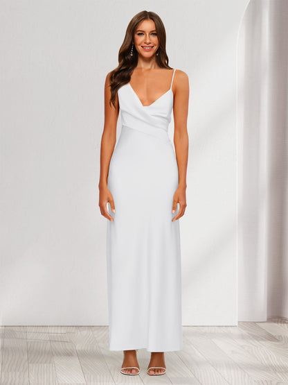 Robe de Soirée Fourreau/Colonne En Satin à Col En V Froncé et Longueur Cheville