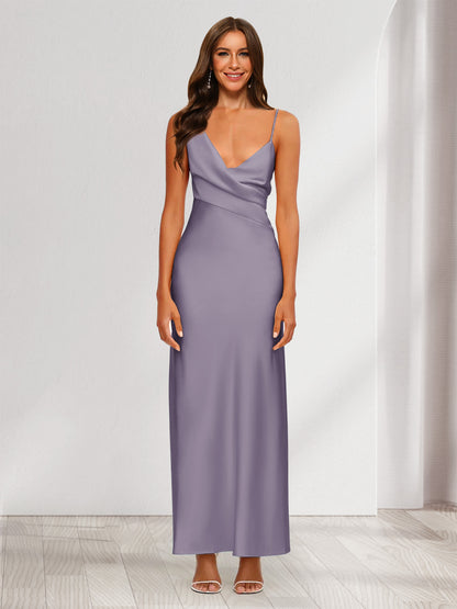 Robe de Soirée Fourreau/Colonne En Satin à Col En V Froncé et Longueur Cheville